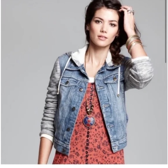 Free People Distressed Denim Jacket with knit sleeves and removable hood - Picture 9 of 10
